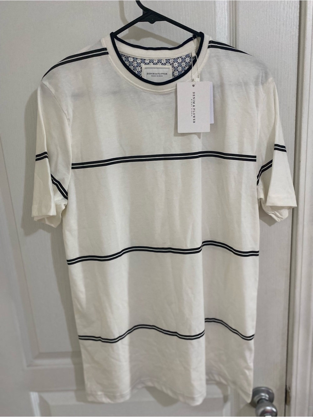 Denim & Flower White Tee with Black Horizontal Stripes (Mens size M)